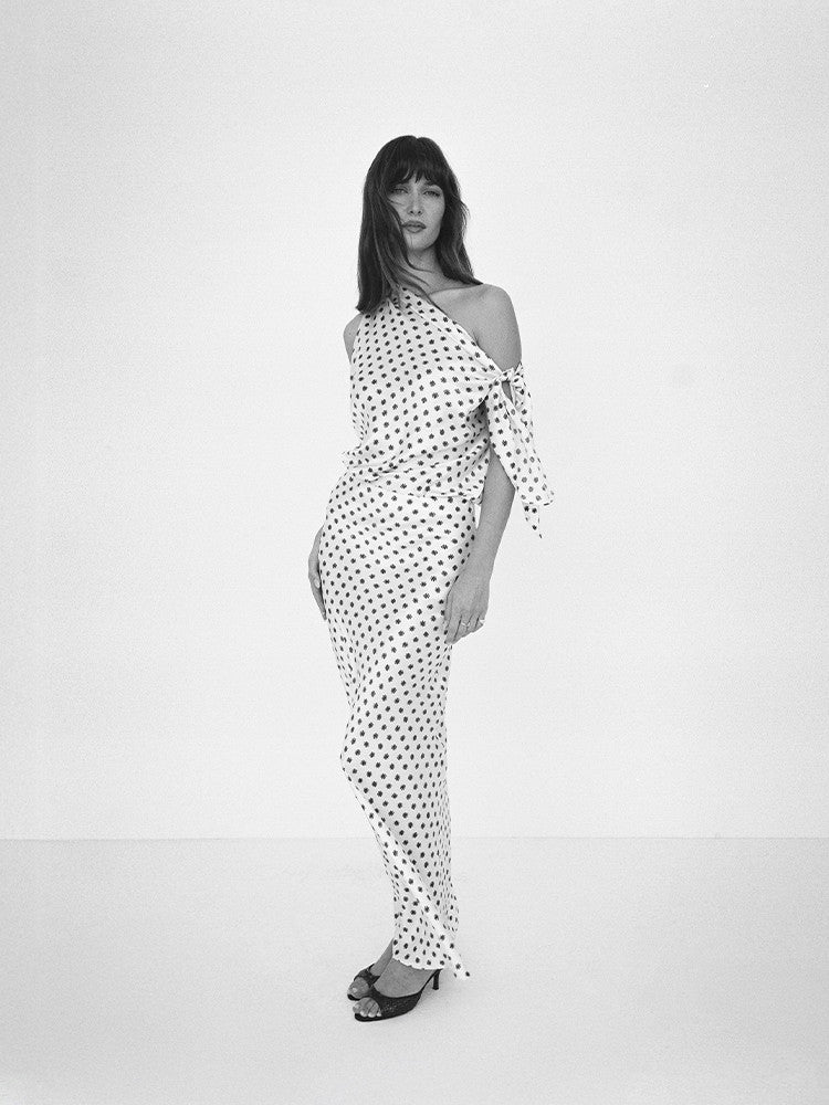 Asymmetrical Draped Tie‑Shoulder Maxi Dress