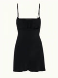 Black Ruched‑Bust Slip Mini Dress