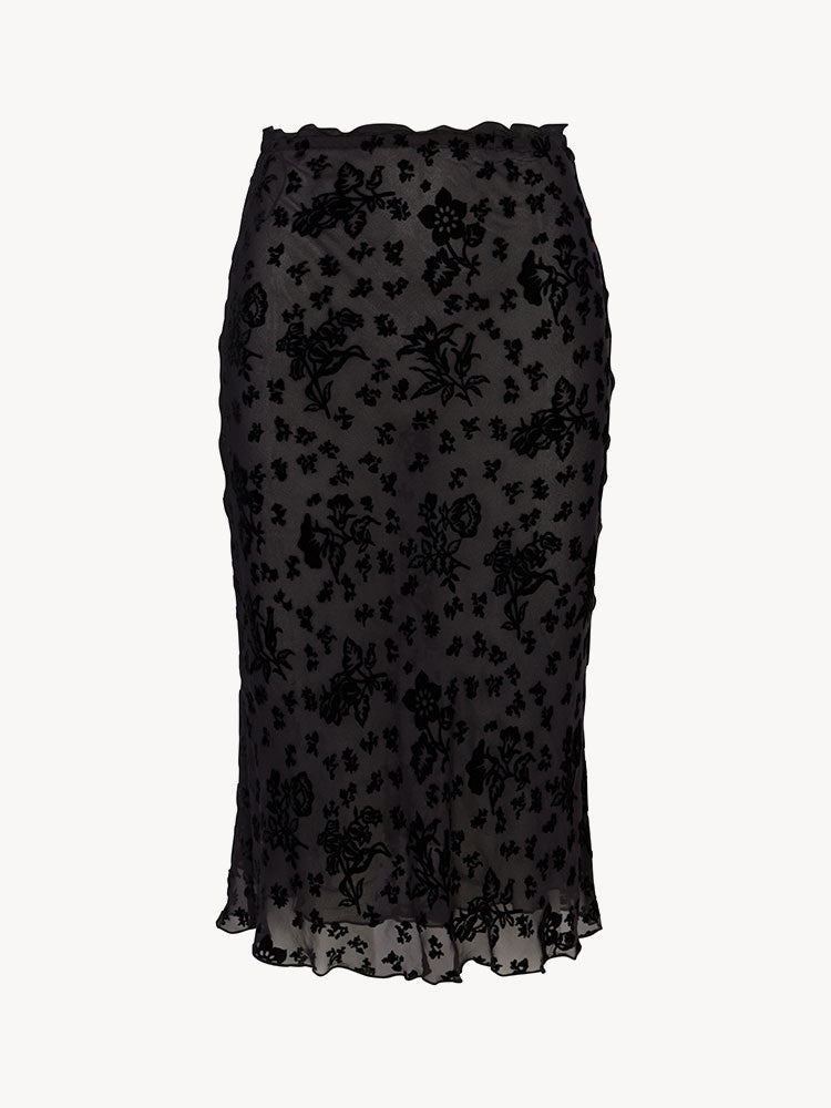 Black Flocked‑Floral Bias‑Cut Midi Skirt