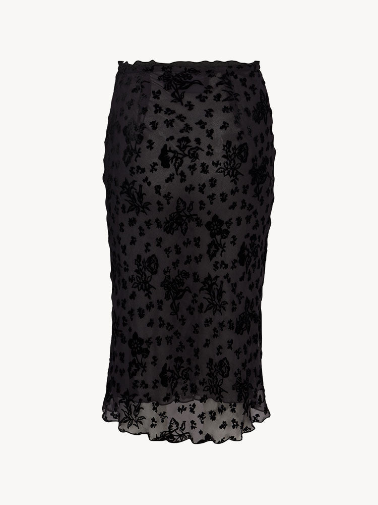 Black Flocked‑Floral Bias‑Cut Midi Skirt