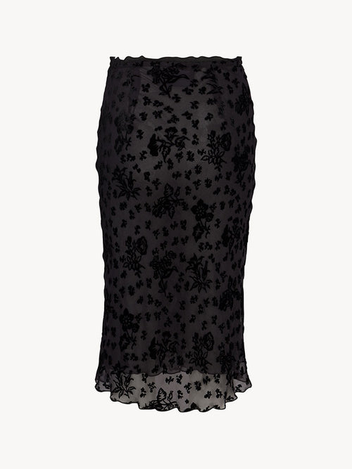 Black Flocked‑Floral Bias‑Cut Midi Skirt