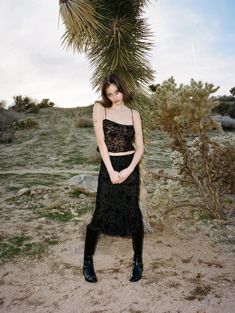 Black Flocked‑Floral Bias‑Cut Midi Skirt
