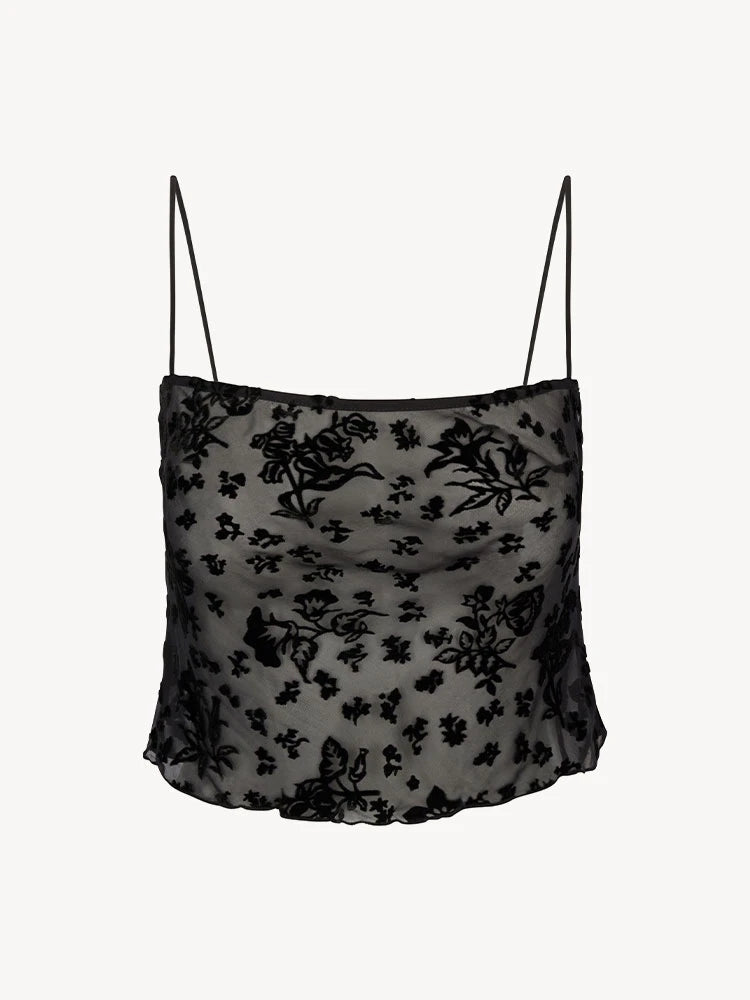 Black Flocked‑Floral Sheer Cropped Cami Top