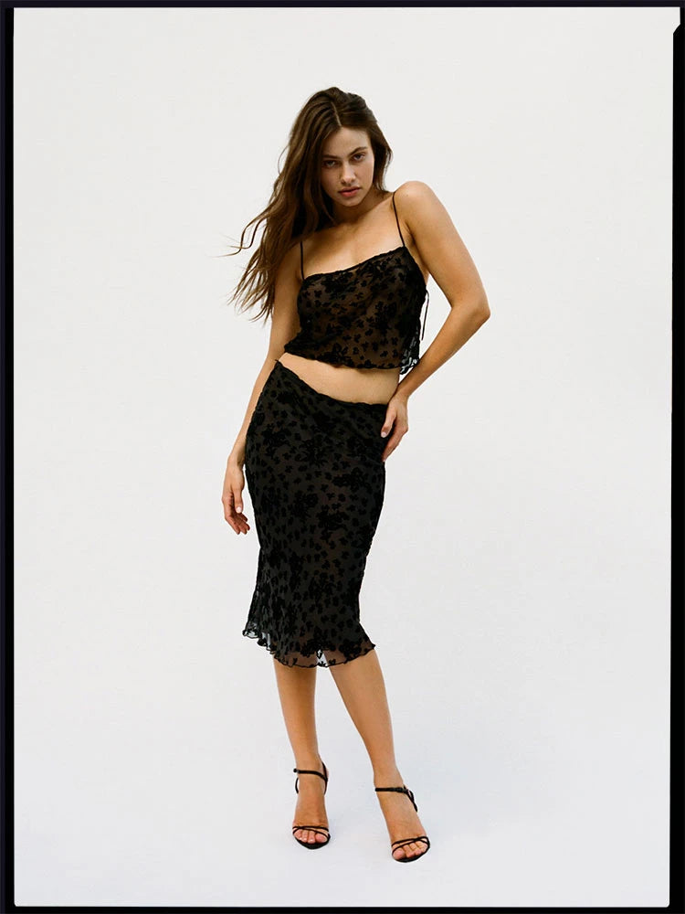 Black Flocked‑Floral Sheer Cropped Cami Top