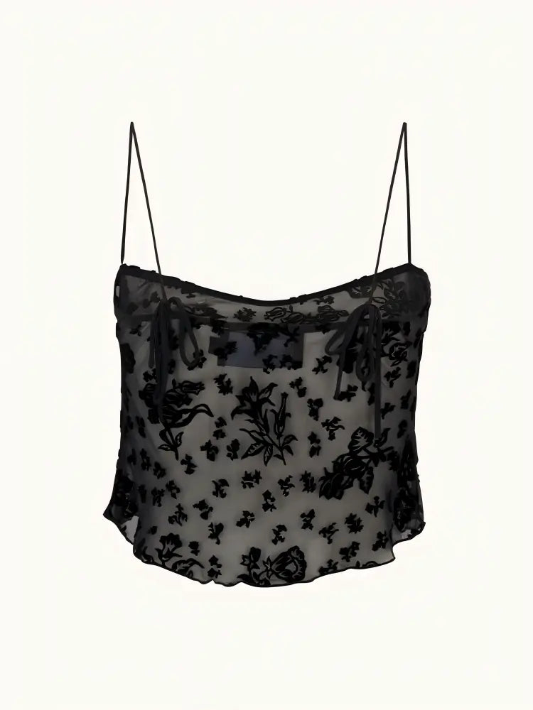 Black Flocked‑Floral Sheer Cropped Cami Top