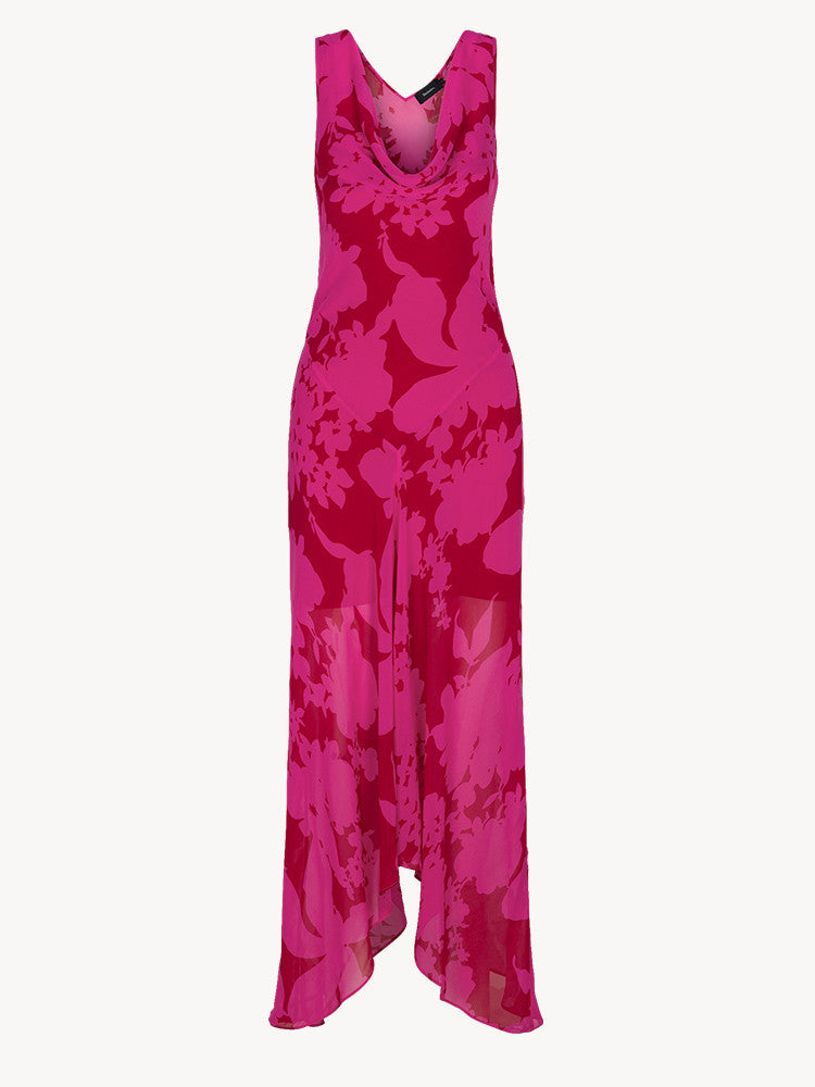 Magenta Floral Cowl Neck Maxi Dress