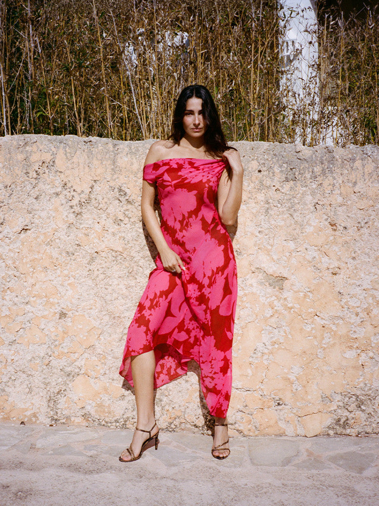 Magenta Floral Cowl Neck Maxi Dress
