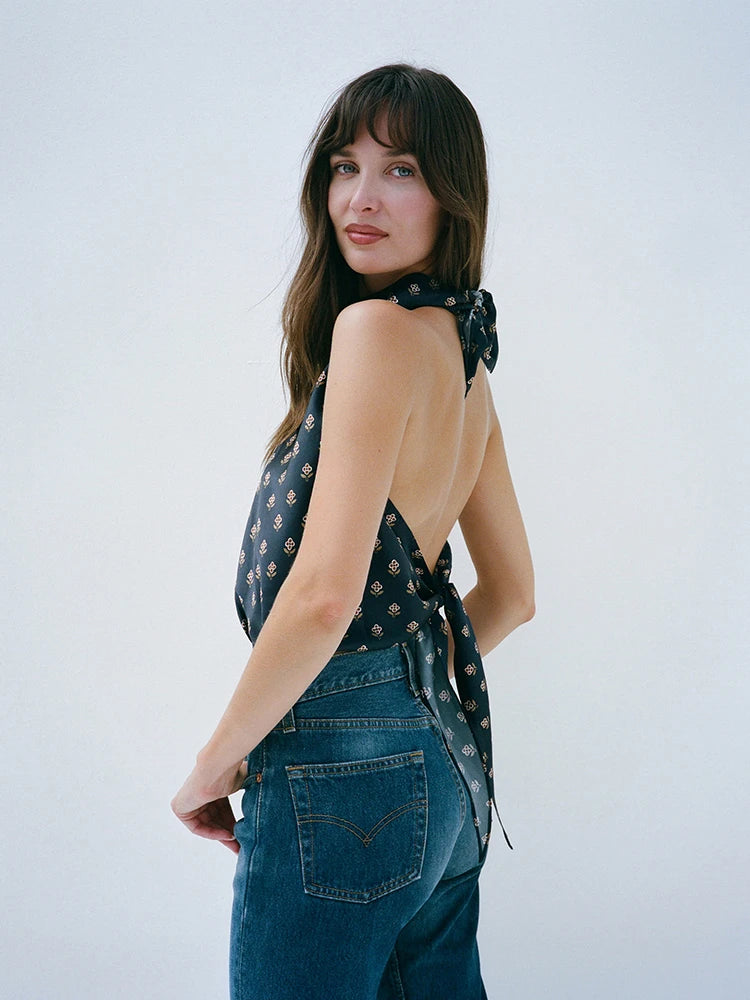 Navy Ditsy Floral Halter Top