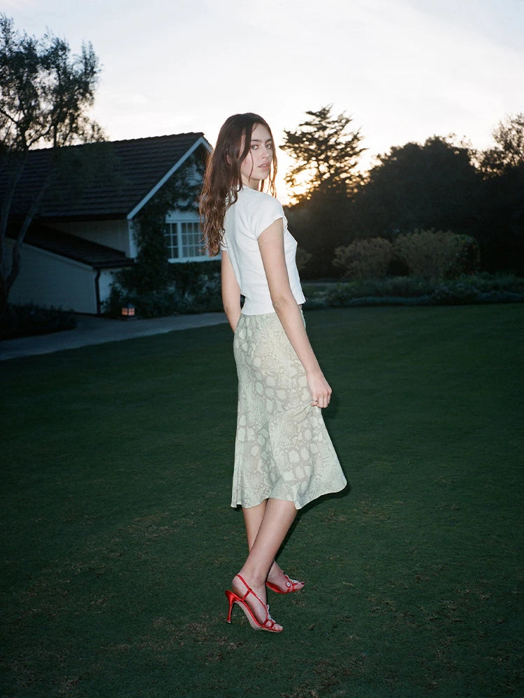 Pale Snake‑Print Bias‑Cut Midi Skirt