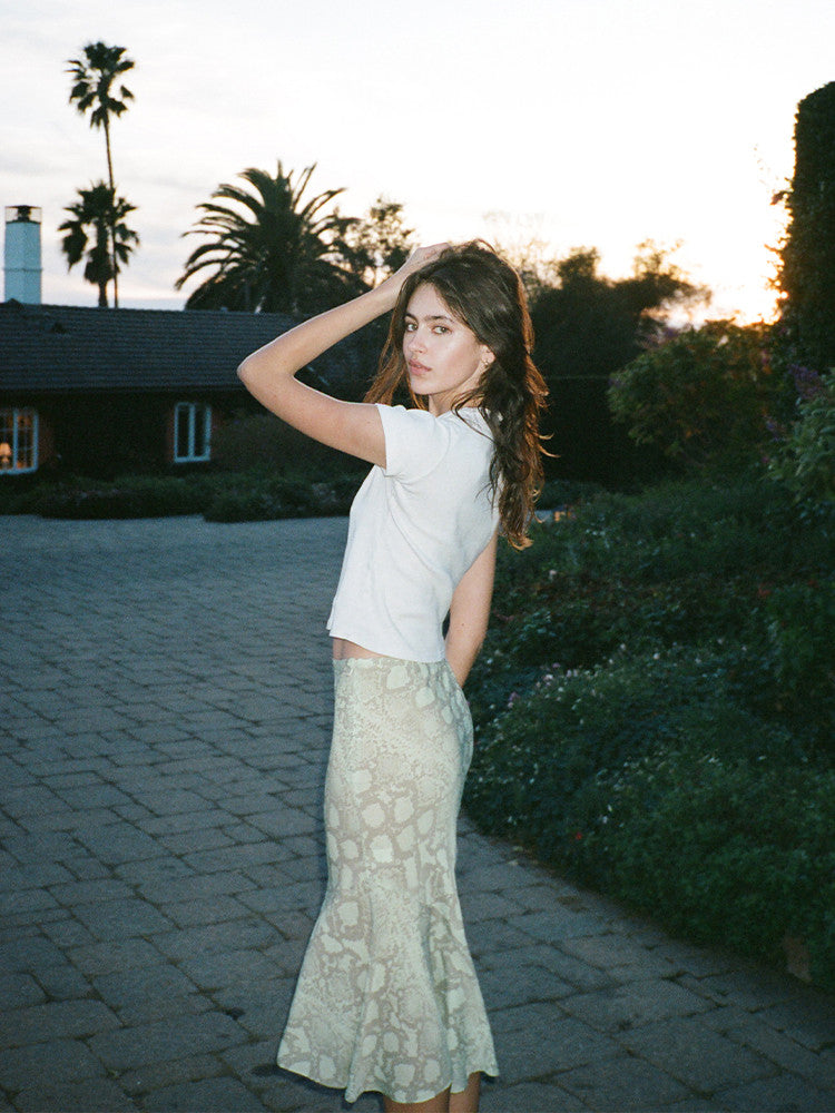 Pale Snake‑Print Bias‑Cut Midi Skirt