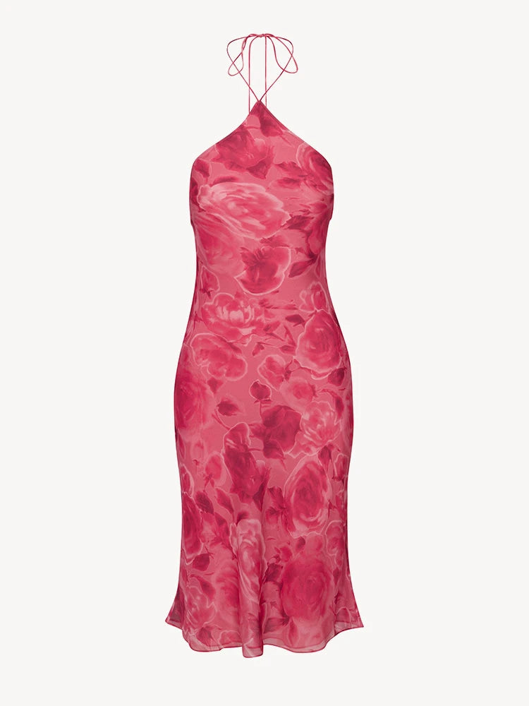 Pink Rose Print Halter Neck Flowy Midi Dress