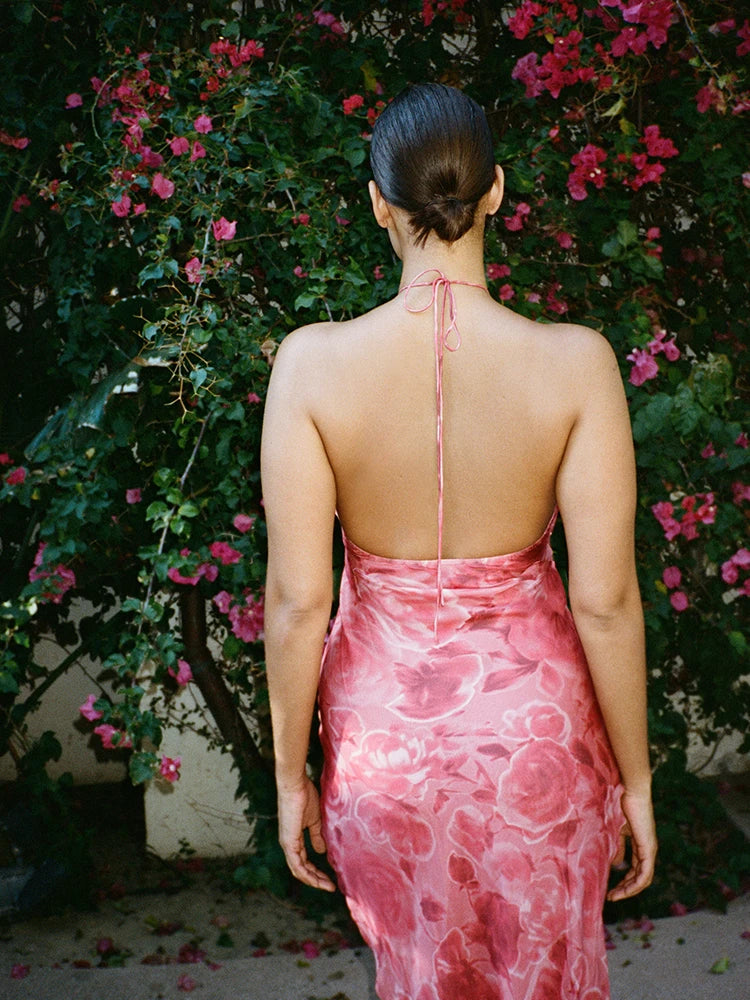 Pink Rose Print Halter Neck Flowy Midi Dress