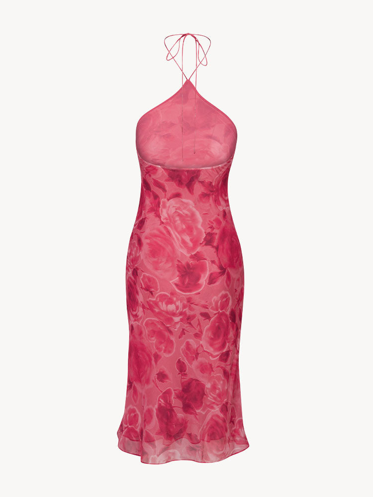 Pink Rose Print Halter Neck Flowy Midi Dress