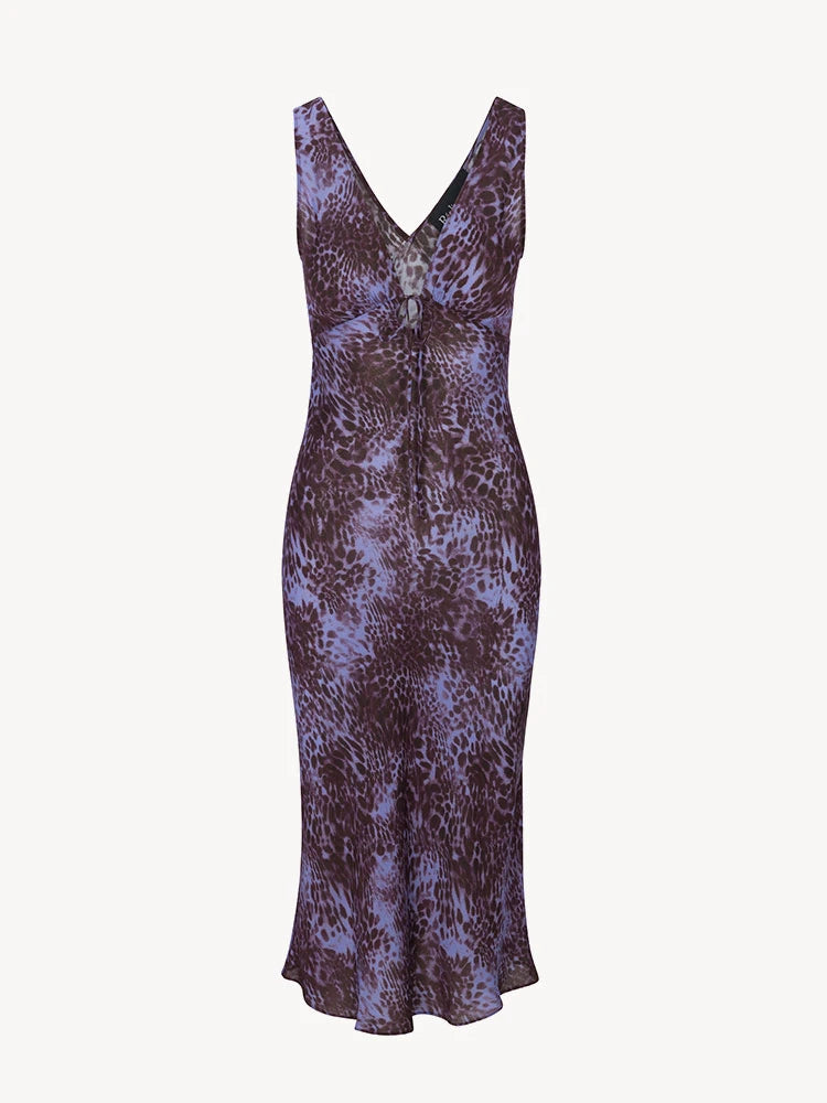 Purple Leopard‑Print V‑Neck Midi Dress