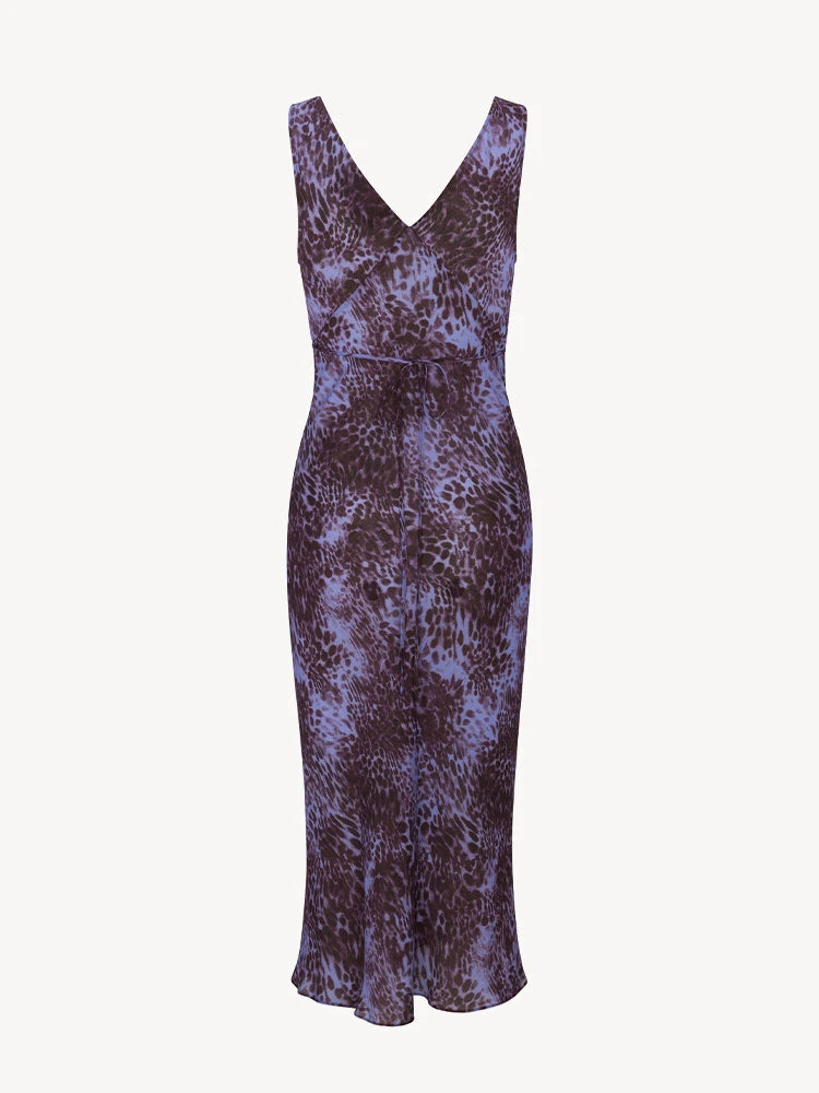 Purple Leopard‑Print V‑Neck Midi Dress