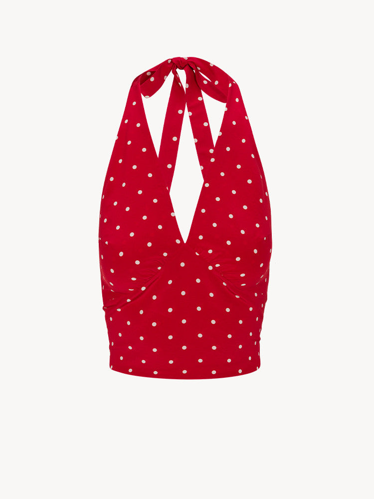 Red Polka‑Dot Silk Satin Cropped Halter Top
