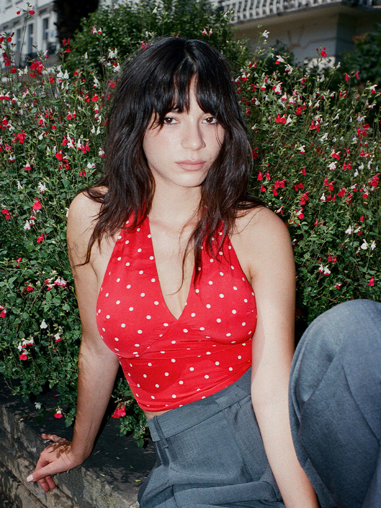 Red Polka‑Dot Silk Satin Cropped Halter Top