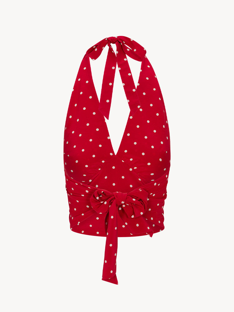 Red Polka‑Dot Silk Satin Cropped Halter Top