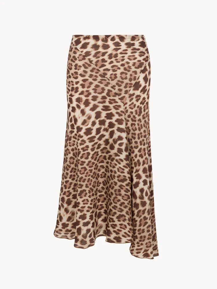 Vintage Leopard Print Bias-Cut Midi Skirt with Asymmetrical Fluted Hem