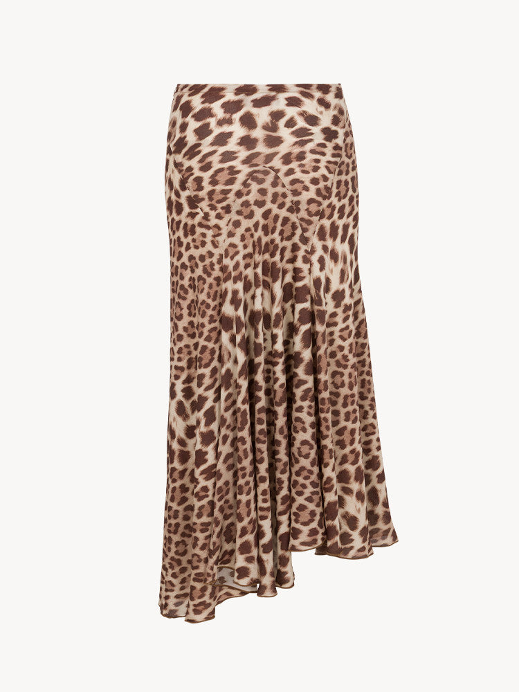Vintage Leopard Print Bias-Cut Midi Skirt with Asymmetrical Fluted Hem