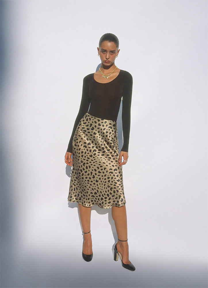 Vintage Leopard Print Satin Bias‑Cut Midi Slip Skirt