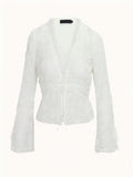 White Flocked‑Floral Tie‑Front Flare‑Sleeve Cropped Blouse