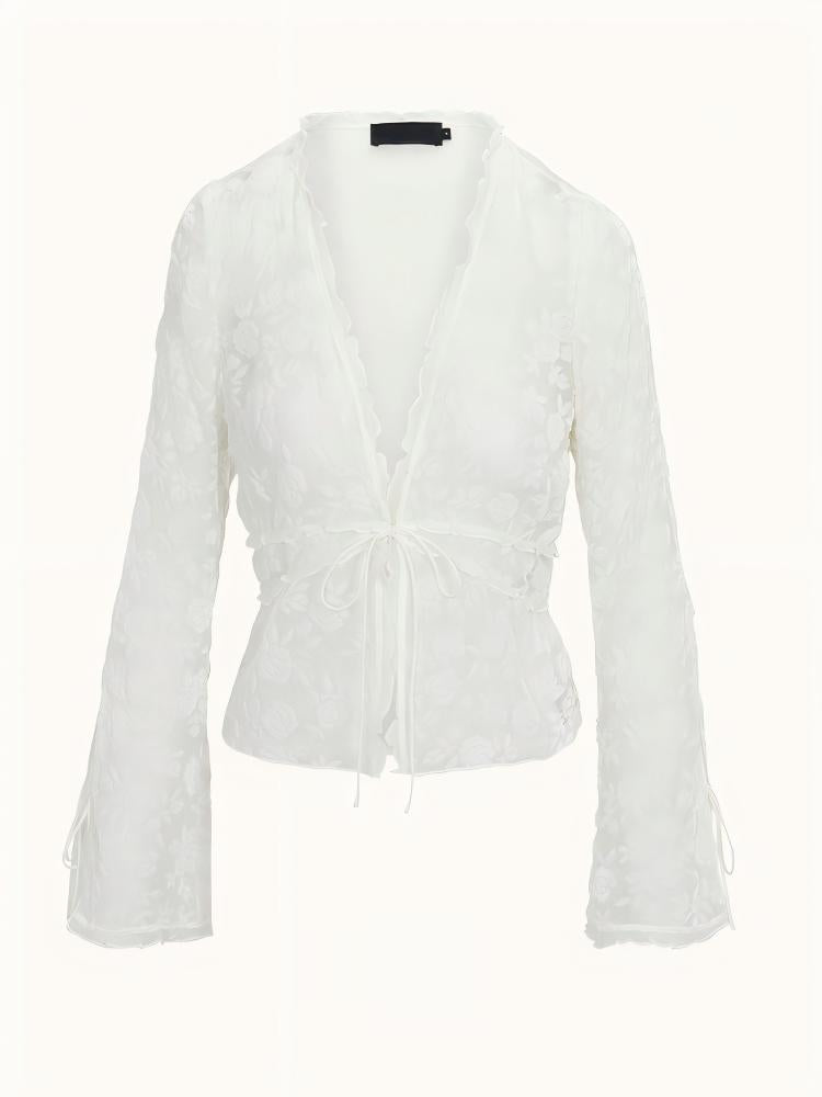 White Flocked‑Floral Tie‑Front Flare‑Sleeve Cropped Blouse