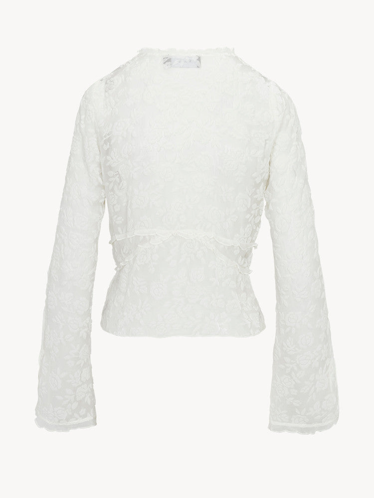 White Flocked‑Floral Tie‑Front Flare‑Sleeve Cropped Blouse