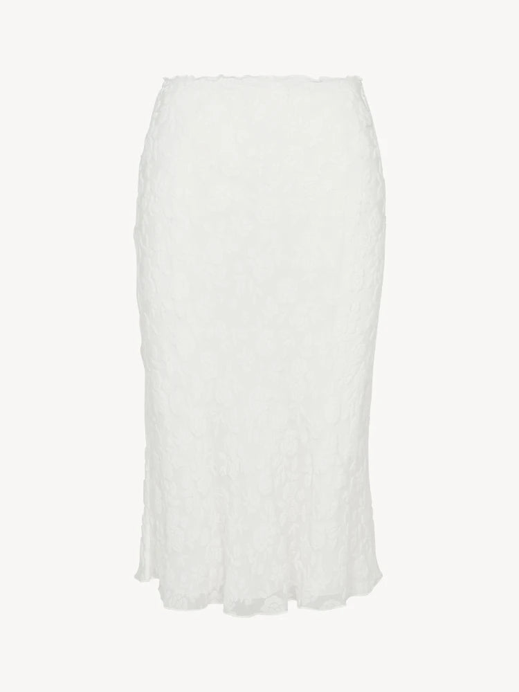 White Flocked‑Floral Bias‑Cut Midi Skirt