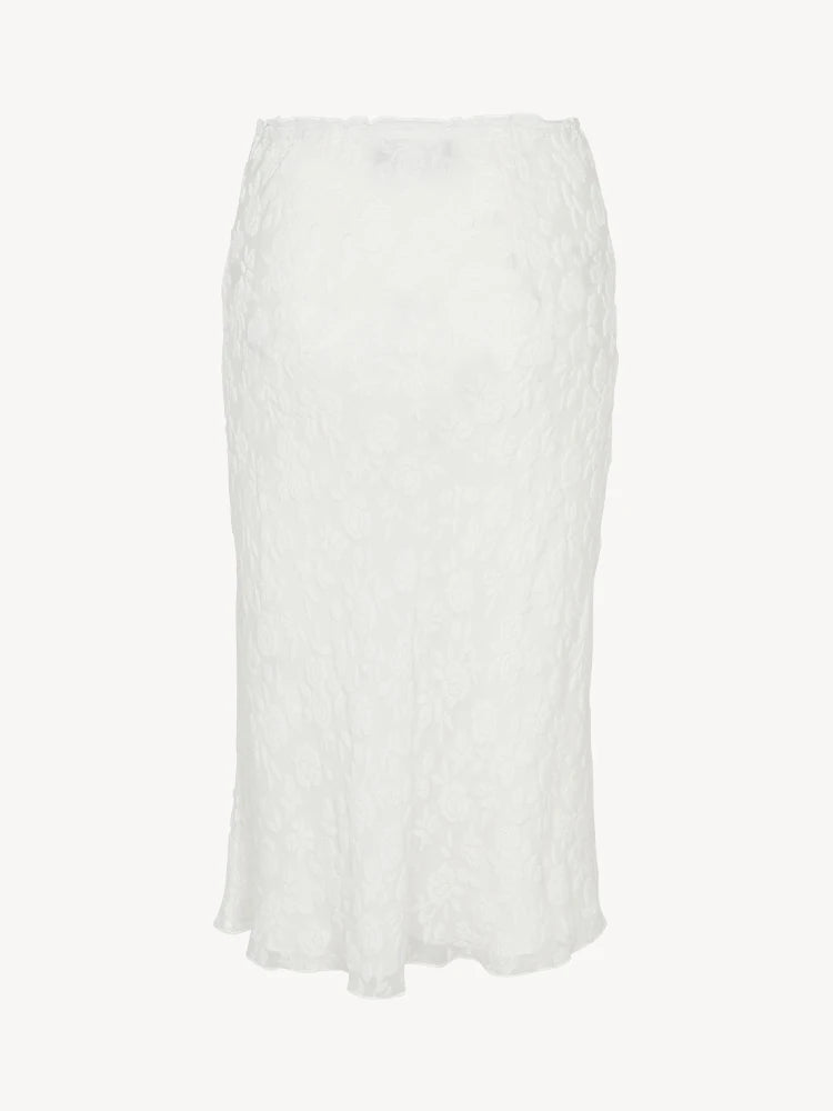 White Flocked‑Floral Bias‑Cut Midi Skirt